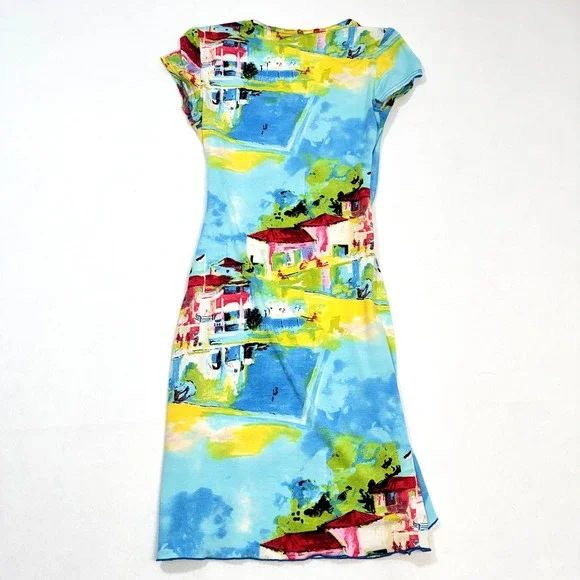 VTG Joseph Ribkoff Wrap Dress Women's Size 6 Italian Village Print Short Sleeve - Picture 3 of 3